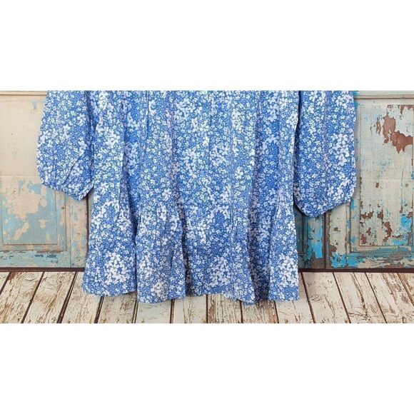 Stradivarius Womens Small Blue Floral Bishop Sleeve Ruffle Hem Mini Shirt Dress - Picture 5 of 8